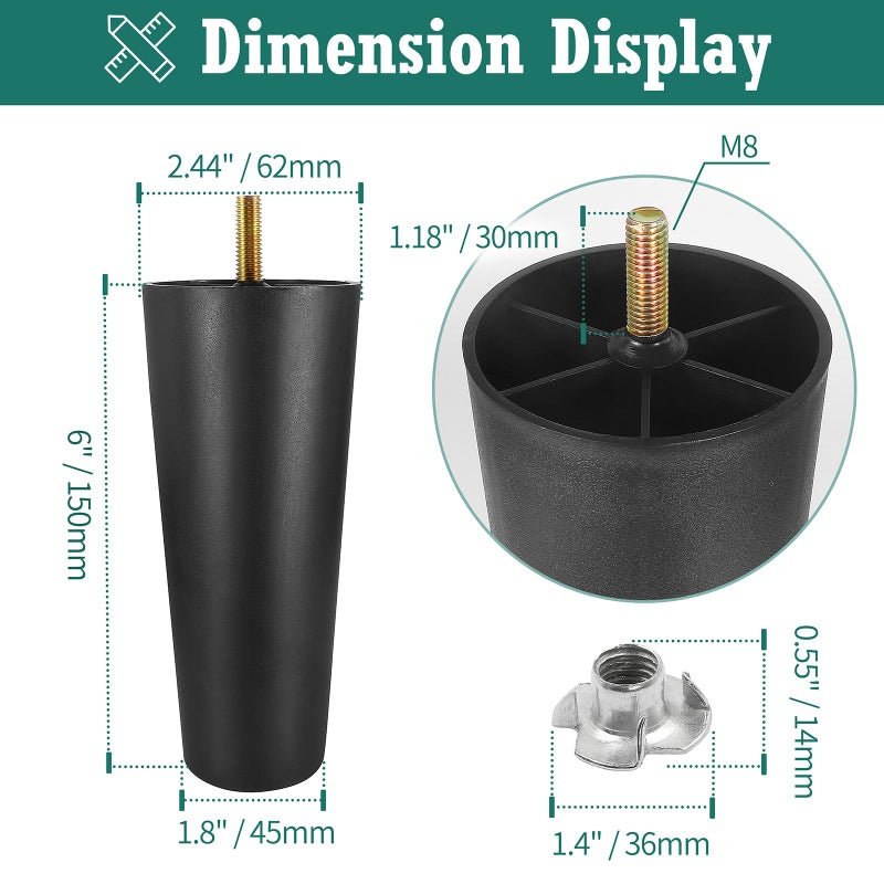 Masendelk 6 inch Plastic Furniture Legs, Round Tapered Table Legs Black Sofa Legs Replacement Legs with M8 Hanger Bolts for Couch Table Sofa, Pack of 4 - Image 4